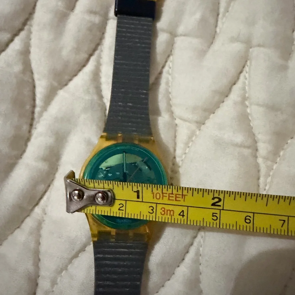 Vintage Swatch Yellow Case Teal Transparent Dial Analog Watch